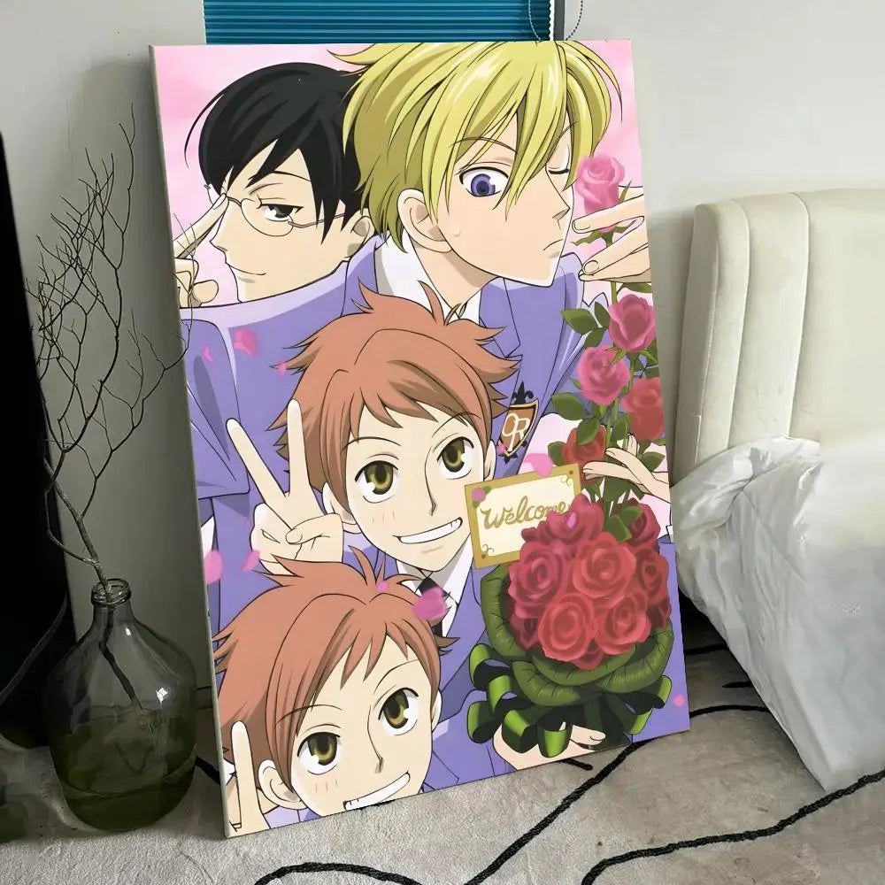 A vertical poster featuring anime characters from Ouran High School Host Club in purple and pink tones.