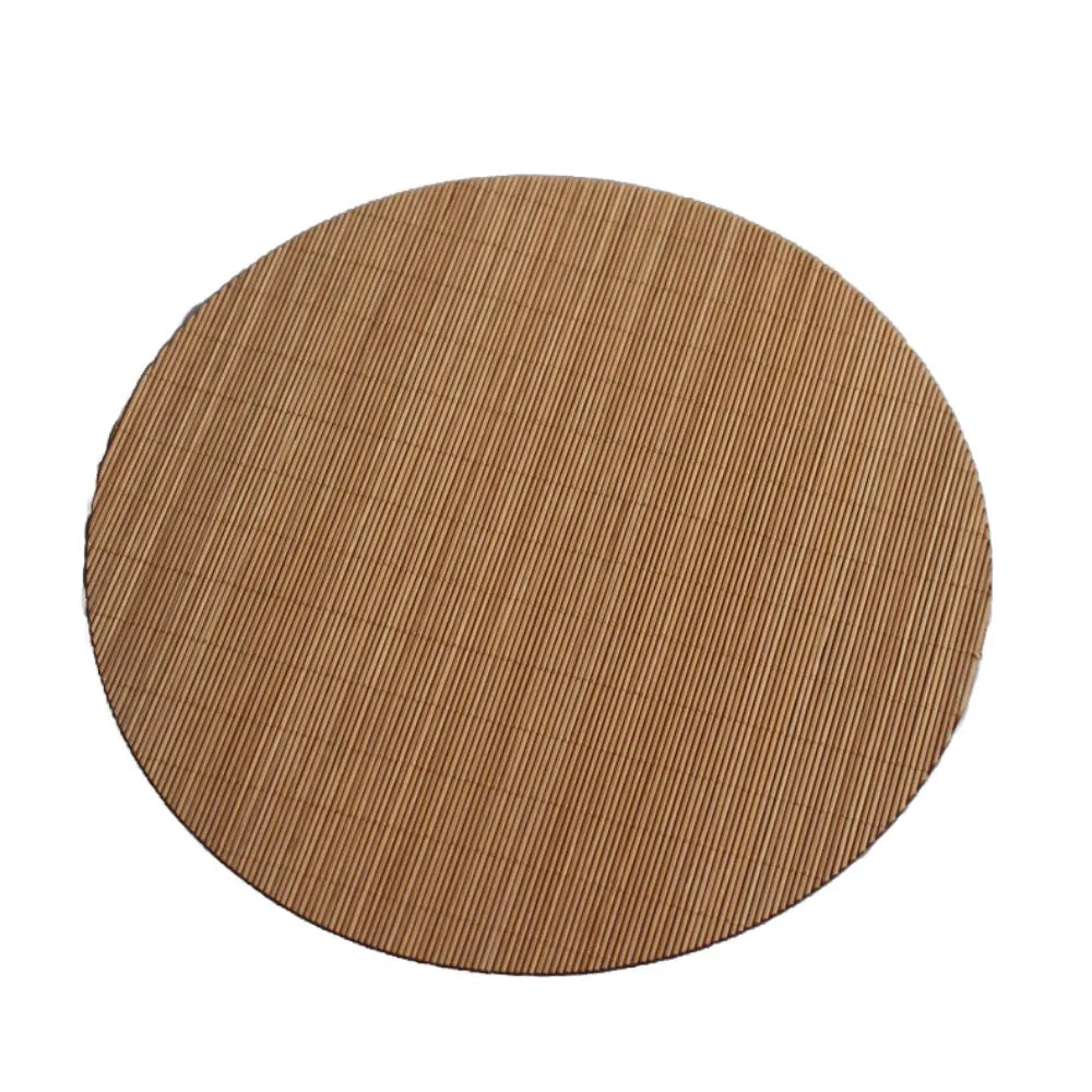 Round bamboo tea mat with vertical woven texture in a natural brown color