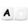 A soft white silicone alphabet bead shaped like the letter A with a circular hole for stringing.