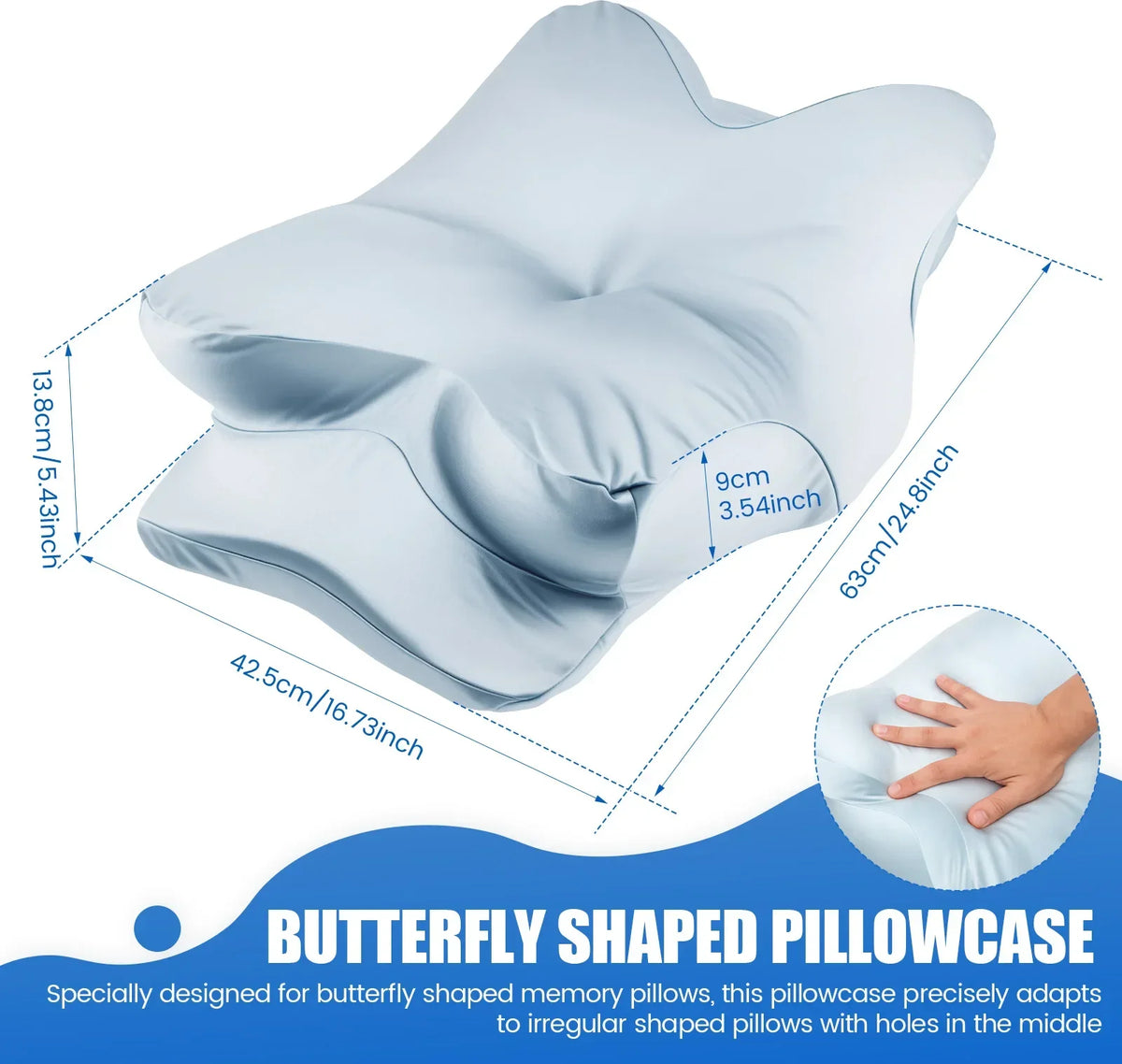 A butterfly shaped pillowcase designed for irregularly shaped memory pillows with holes in the middle
