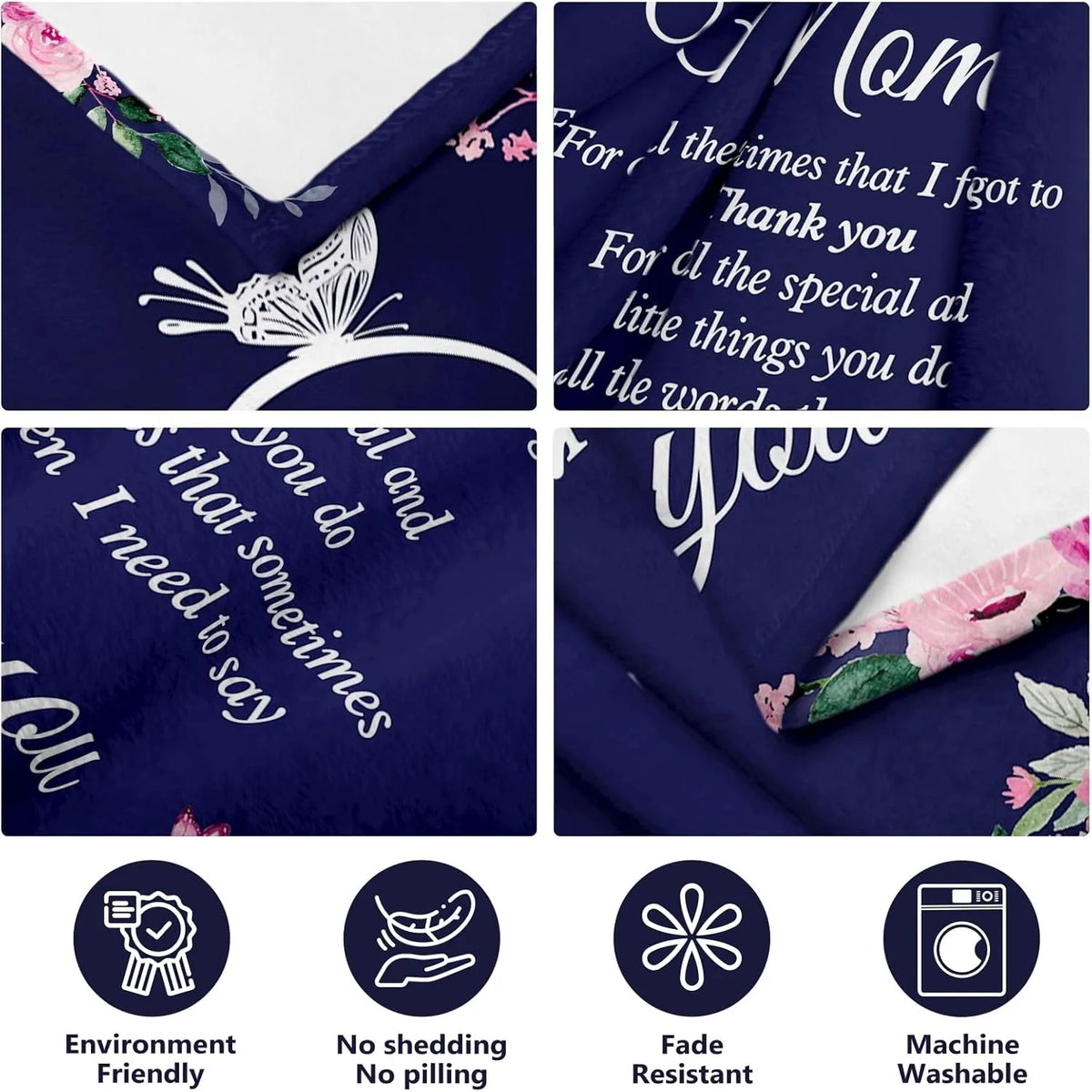 Navy soft printed throw blanket featuring floral designs and care instructions.
