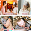 Three cute animal cartoon sleep masks for children shown in various contexts like pajama party, office, travel, and school.
