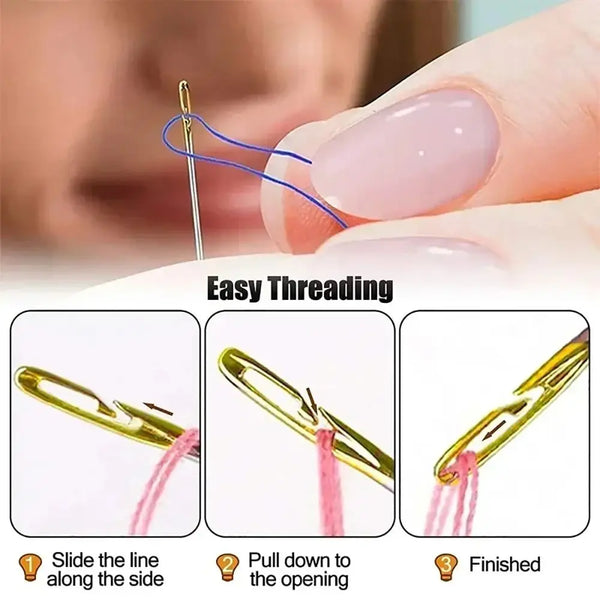 Close-up of a hand threading a pink line with a stainless steel sewing needle for easy threading