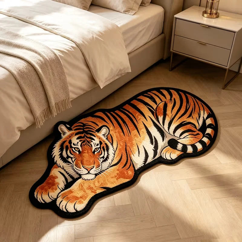 A plush cartoon tiger rug featuring orange and black stripes placed on a light wood floor next to a bed.