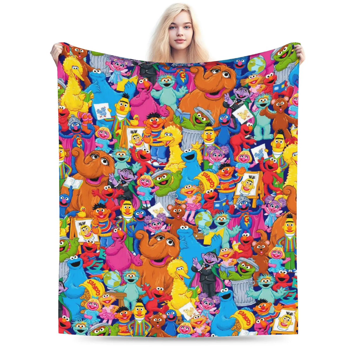 A colorful flannel throw blanket featuring characters from Sesame Street and Elmo Friends