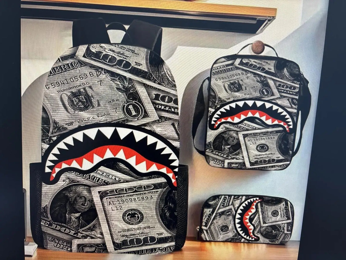 A set of graphic print backpacks featuring designs inspired by US currency and tiger teeth.