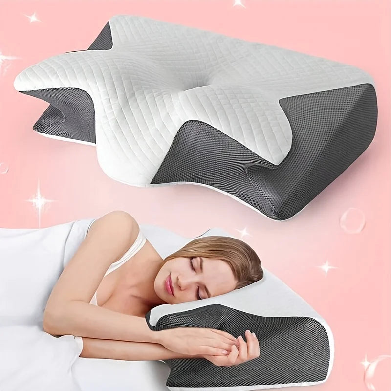 A white ergonomic memory foam pillow with a black mesh cover is shown next to a person sleeping on it.