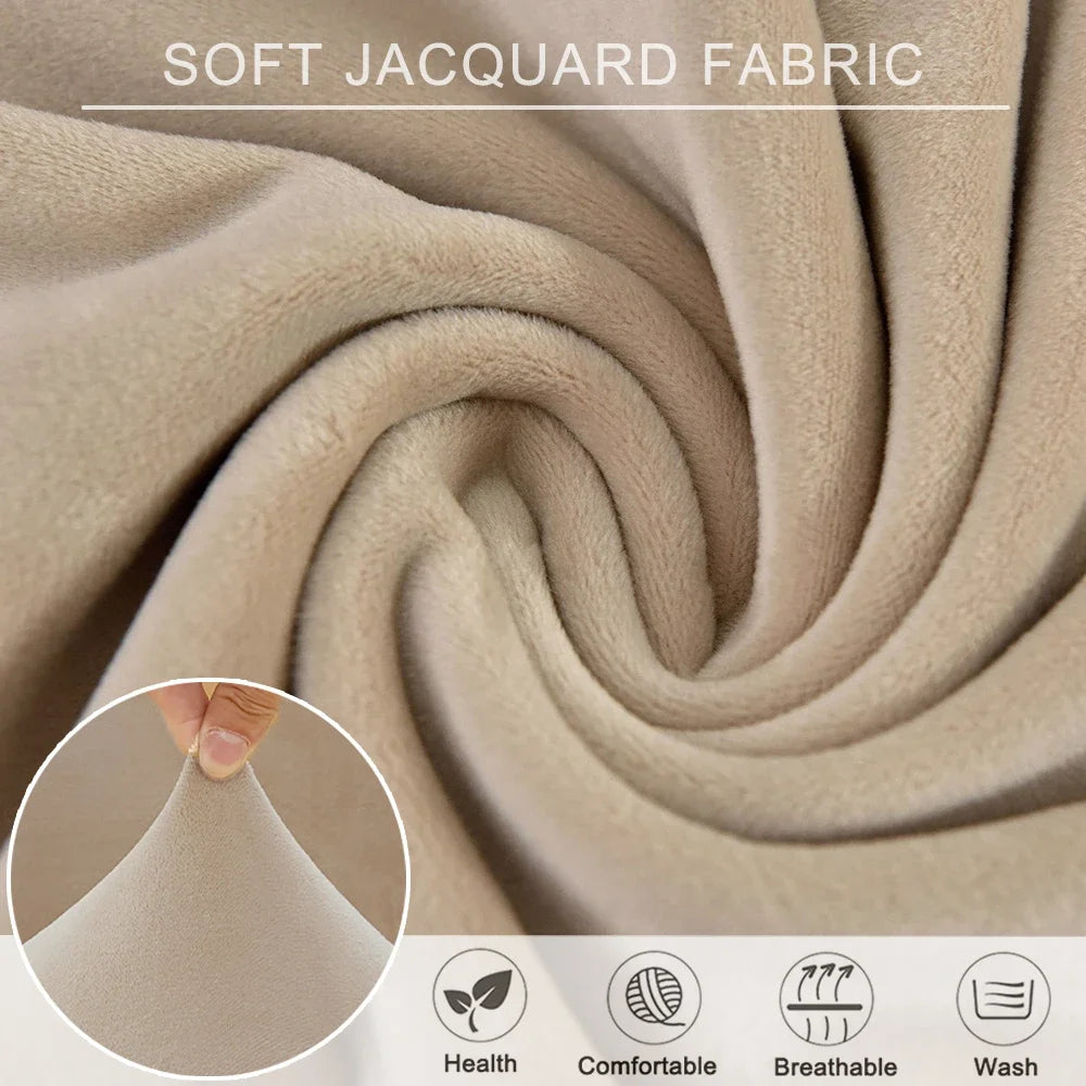 Close-up of soft jacquard fabric in beige color showing texture and weave detail
