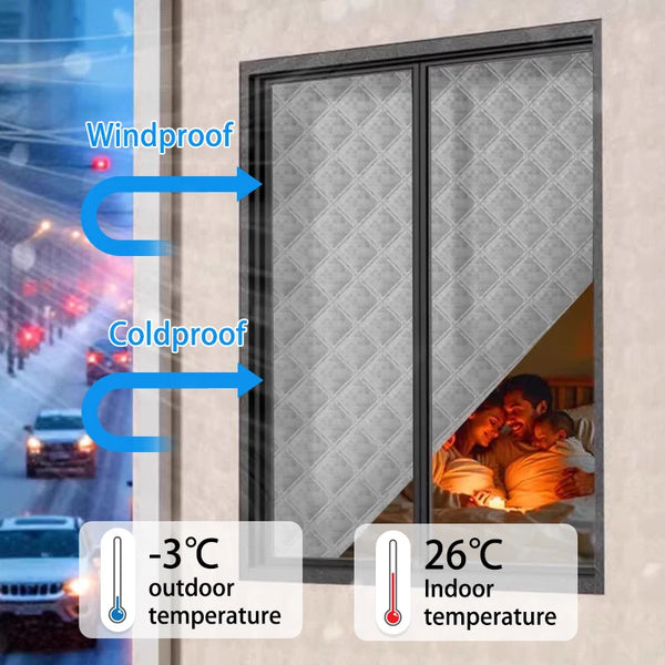 A heavy duty thermal door curtain is shown installed on a window, demonstrating windproof and coldproof insulation with tempe