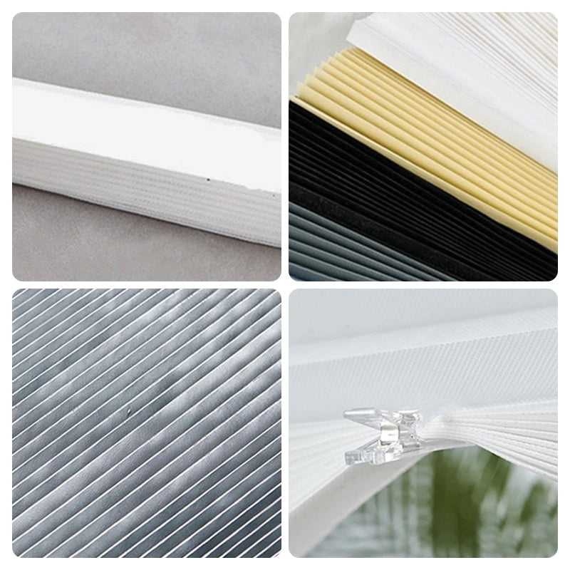 Close-up views of non-woven pleated blackout curtains in various colors including white, black, and gray.