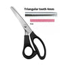 Stainless steel zig zag lace sewing scissors with a 4mm triangular tooth.