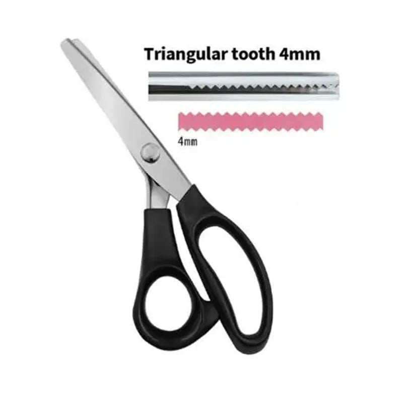 Stainless steel zig zag lace sewing scissors with a 4mm triangular tooth.