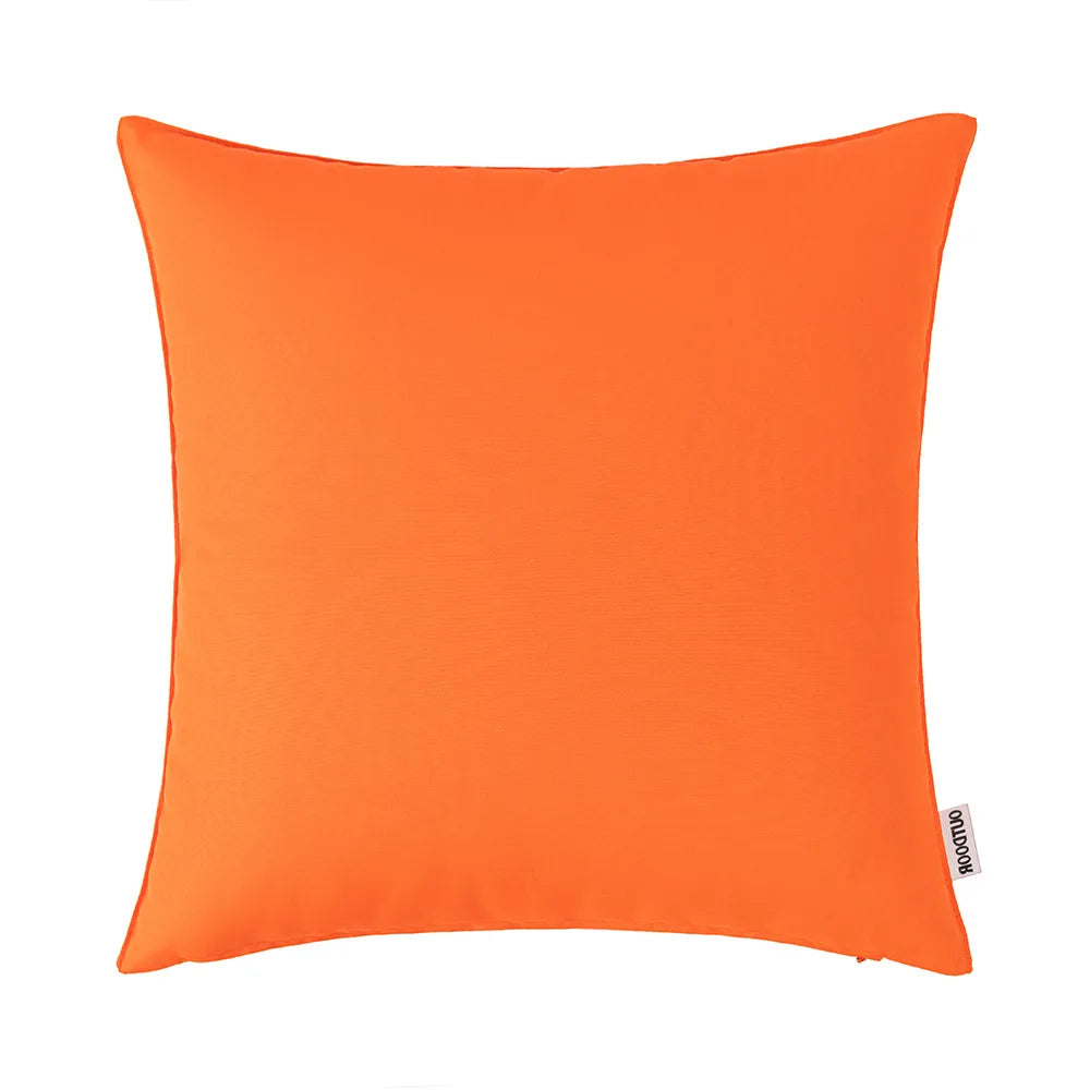 A bright orange decorative outdoor pillow cover for patio and garden use.