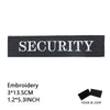 Black embroidered security patch with the word SECURITY on it, featuring a hook and loop backing.