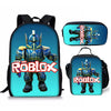A set of two blue backpacks featuring a Roblox character design on the front.