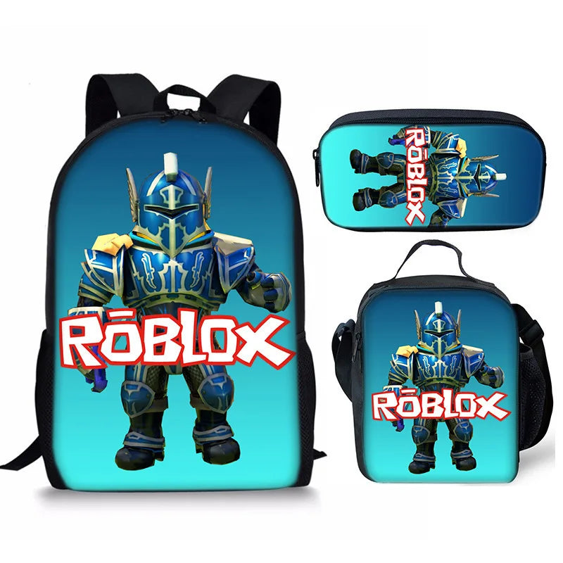 A set of two blue backpacks featuring a Roblox character design on the front.