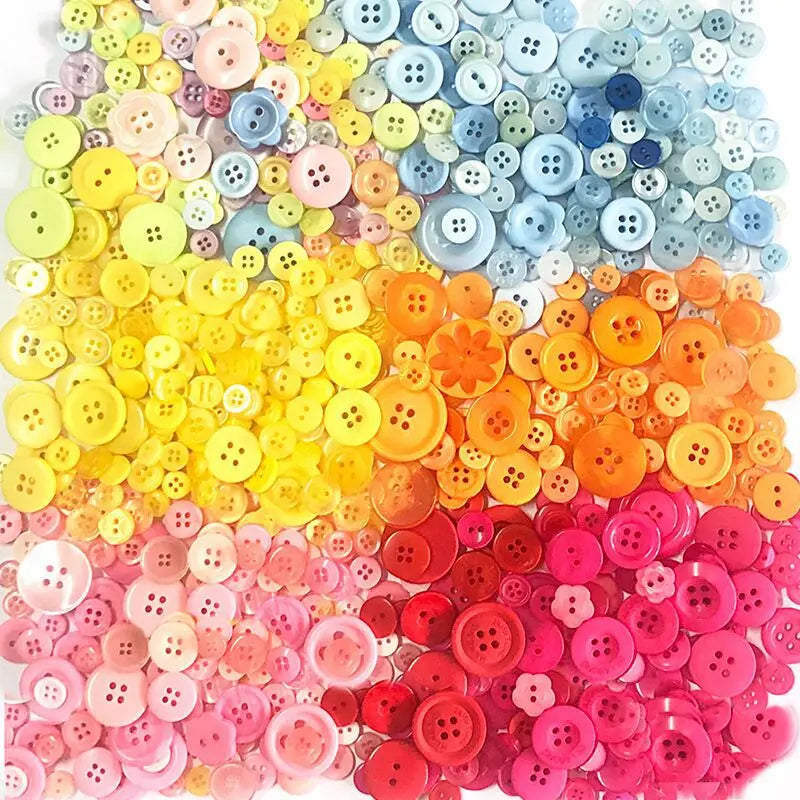A colorful assortment of resin sewing buttons in various shades including yellow, orange, pink, and blue.