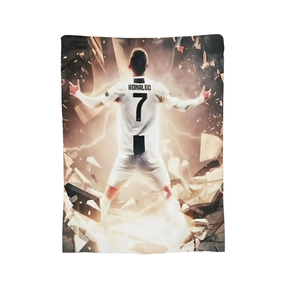 A football player wearing a white jersey with the number 7 stands amidst flying debris in a dramatic lighting setup.