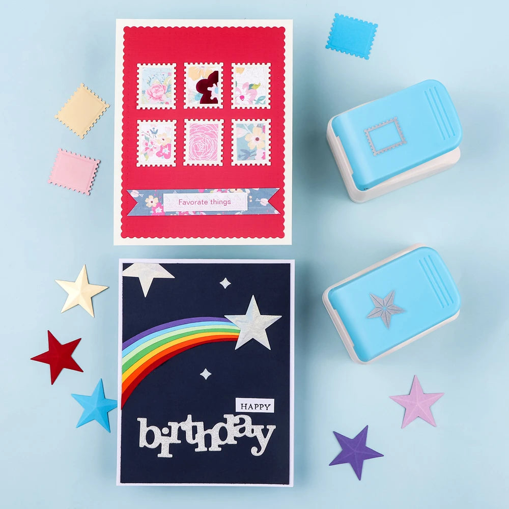 A set of precision embossing and punching tools featuring colorful paper cards and star shapes on a light blue background.