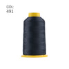 A spool of dark navy embroidery thread with a yellow core.