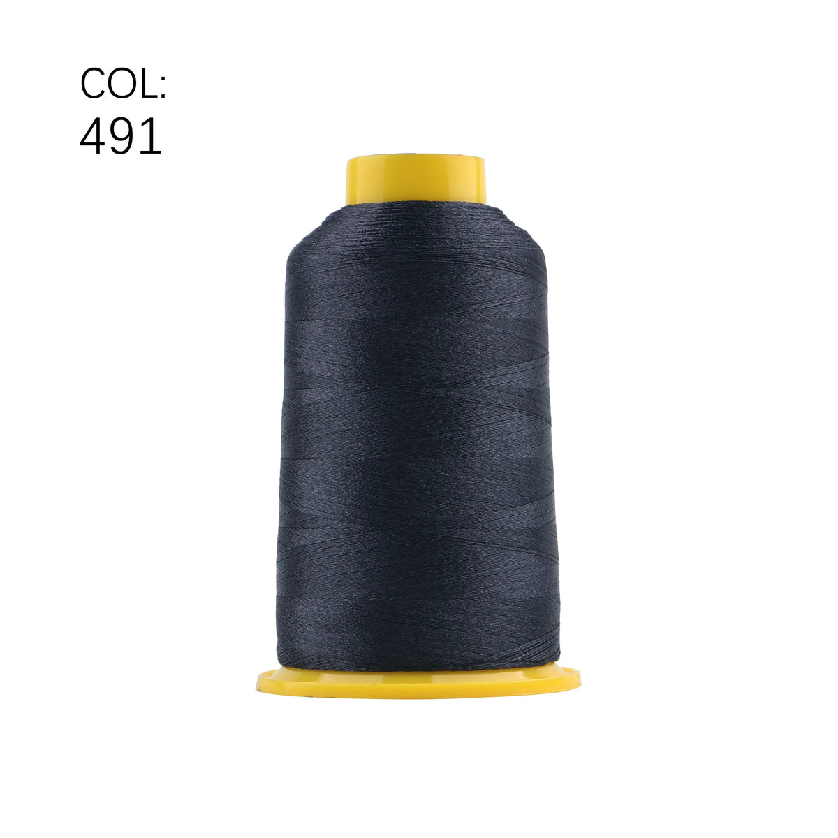 A spool of dark navy embroidery thread with a yellow core.