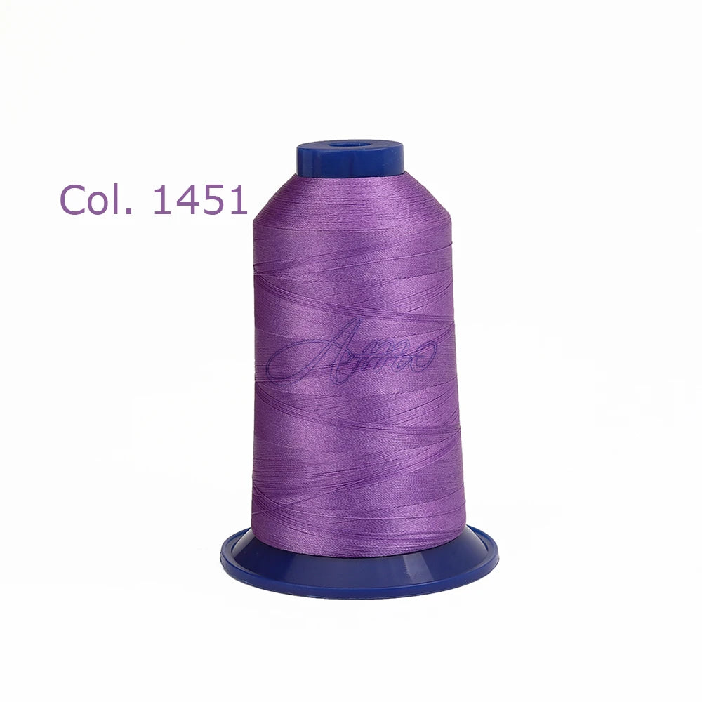A spool of purple embroidery thread, color 1451, for high tenacity polyester work.