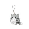 A gray knitted cat plush doll hanging by a black cord for decoration