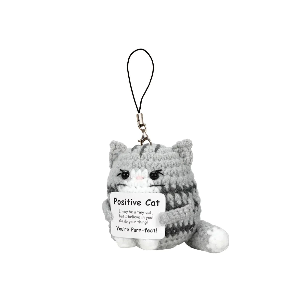 A gray knitted cat plush doll hanging by a black cord for decoration