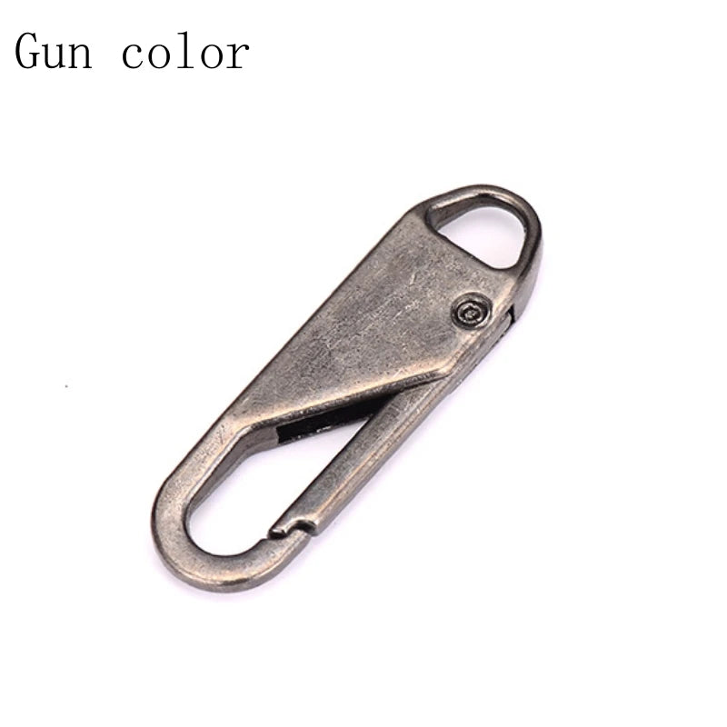 A close-up view of a metal zipper pull replacement set with a hook and a loop.