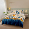 A blue and orange butterfly print duvet cover set with pillows displayed on a bed in a light-colored room.