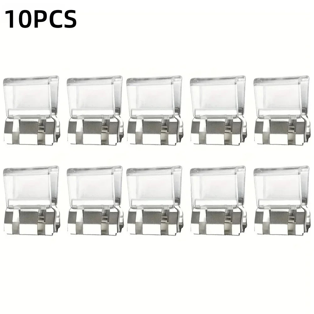 Ten clear plastic invisible pant hem clips with metal adjusters for non-slip trouser fastening