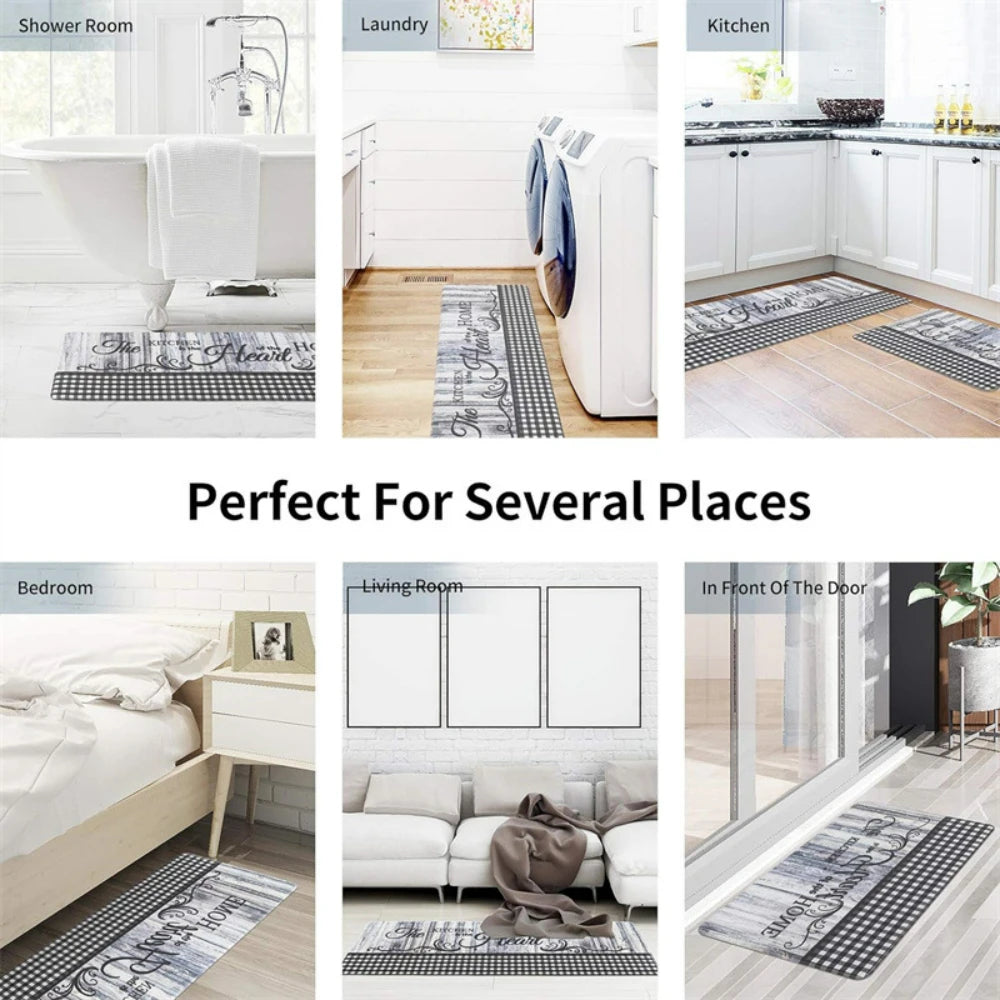 A collection of modern checkered floor mats shown in various contexts including a kitchen, laundry area, and entrance doorway