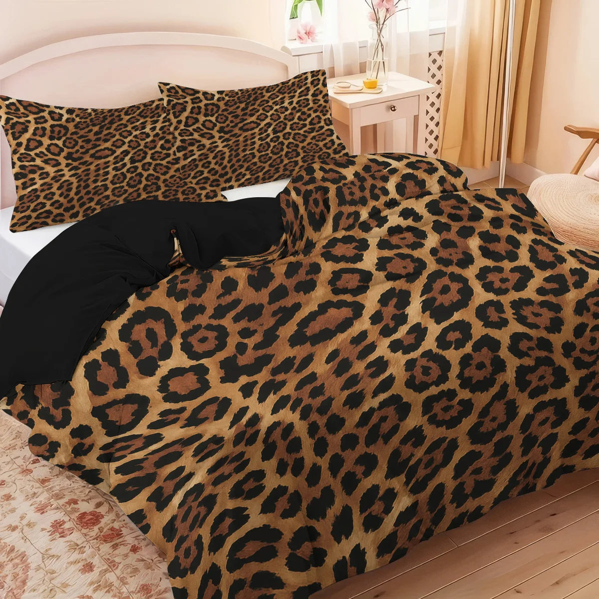 A leopard print duvet cover set featuring a brown and black animal print on a bed.