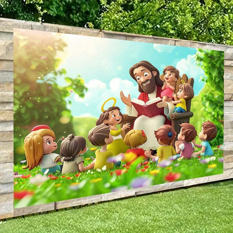 A banner featuring characters from the Bible, including Jesus and children, set against a bright outdoor background.