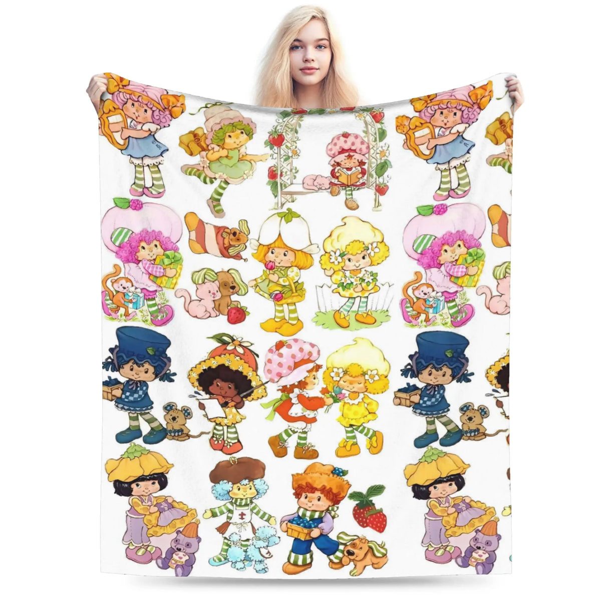 A plush throw blanket featuring various Strawberry Shortcake characters in colorful illustrations.