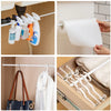 Adjustable metal curtain rod used in a bathroom for hanging shower accessories and in a wardrobe for hanging clothes.