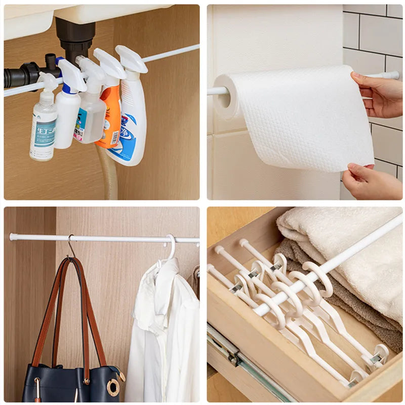 Adjustable metal curtain rod used in a bathroom for hanging shower accessories and in a wardrobe for hanging clothes.