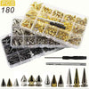 A kit of punk screw back studs and spikes for leather craft, including various metal components.