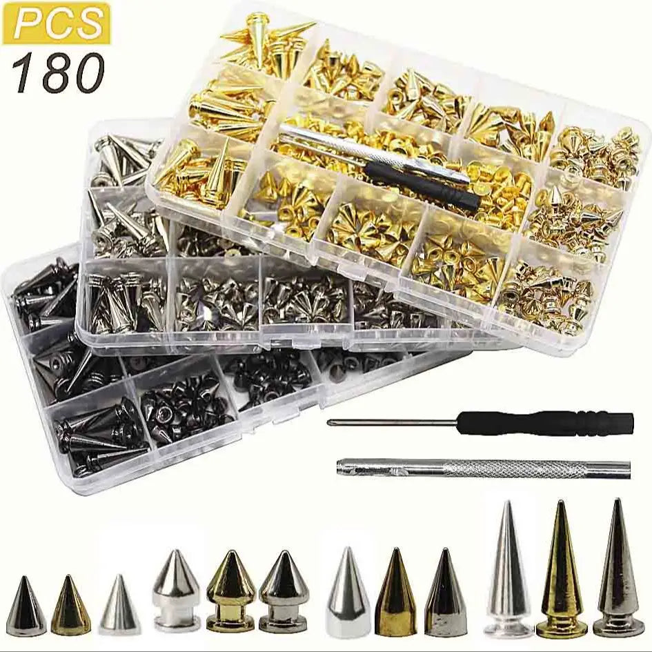 A kit of punk screw back studs and spikes for leather craft, including various metal components.