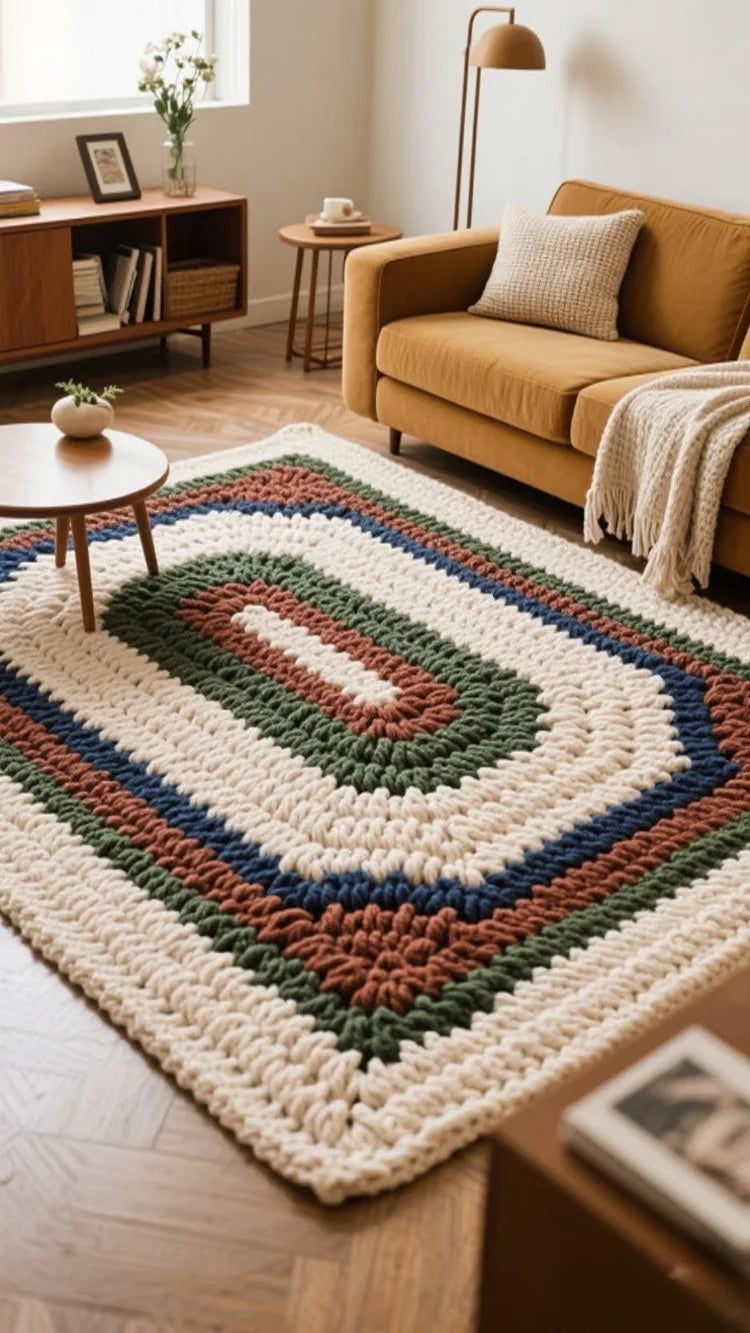 A hand-woven chunky chenille yarn rug featuring a geometric pattern in earthy tones of beige, olive green, brown, and navy bl