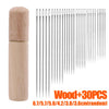A wooden storage container holds a set of 30 multi-size hand sewing needles with various lengths.