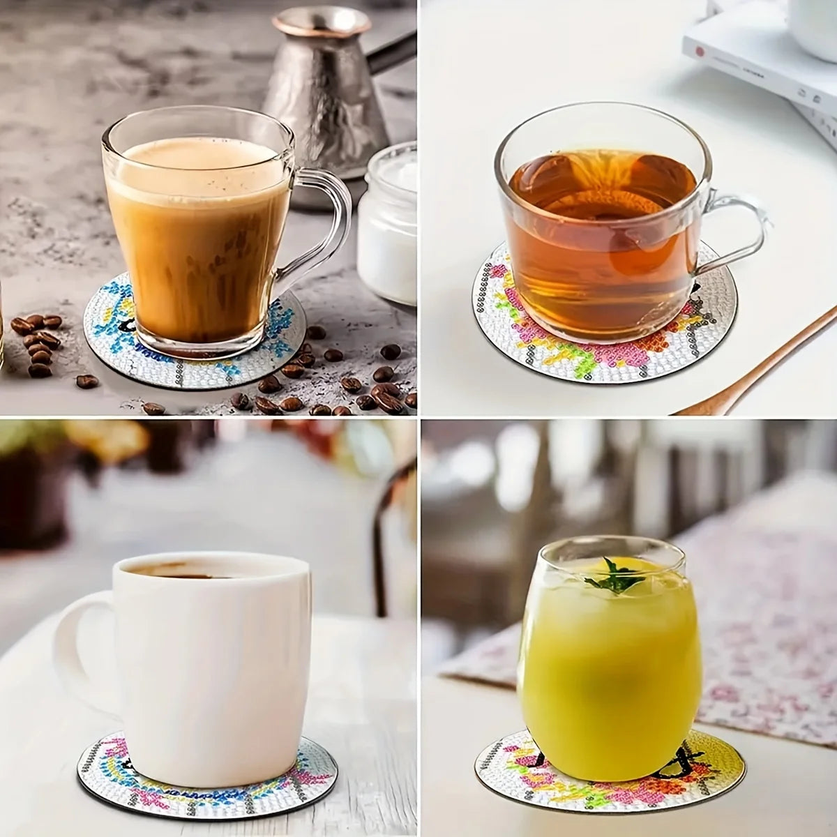 A set of eight diamond painting coasters featuring various colorful floral and geometric patterns.