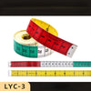 A yellow and red flexible fiberglass body measuring tape coiled next to a straight measuring tape.