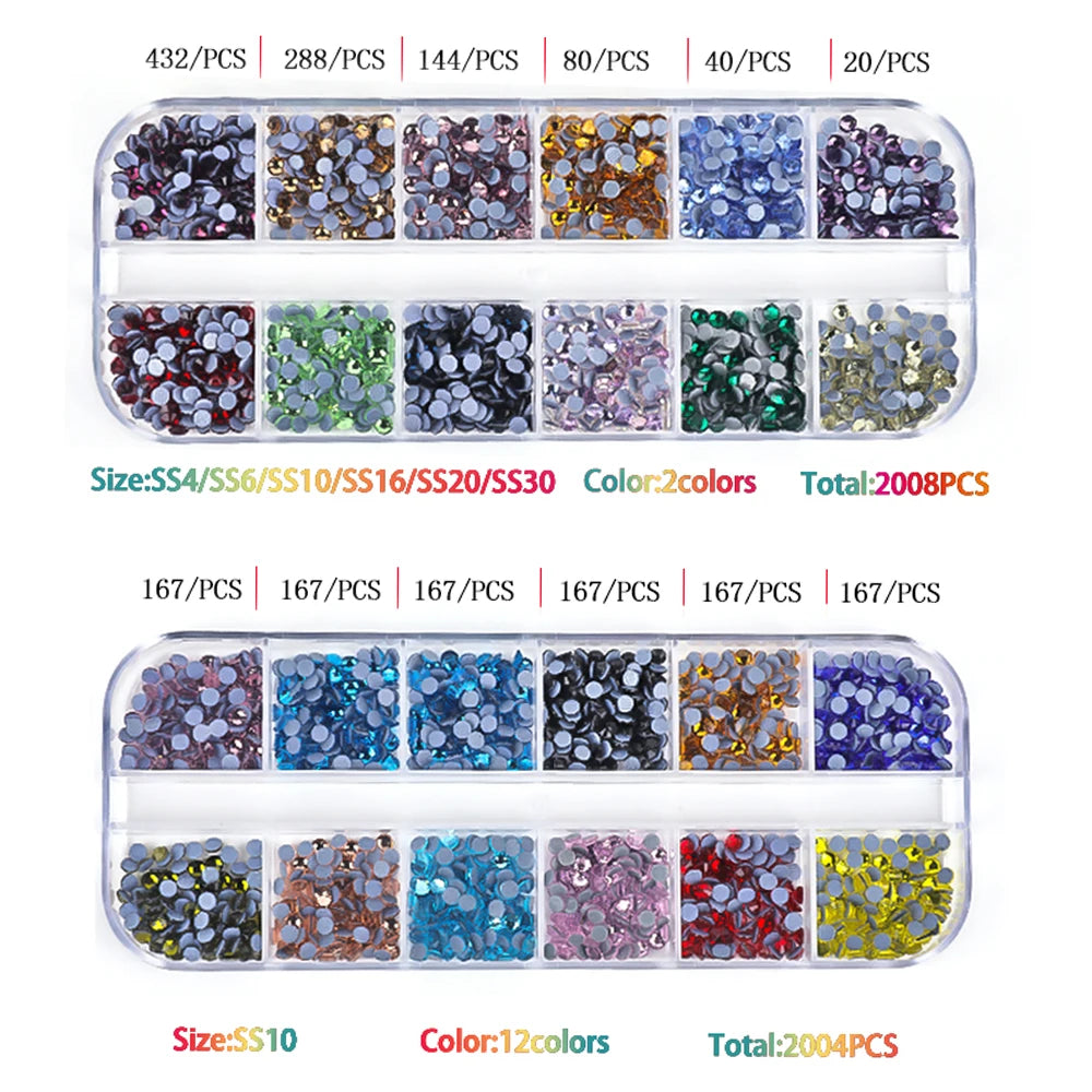 A collection of various colored and sized crystal rhinestones in small plastic compartments.