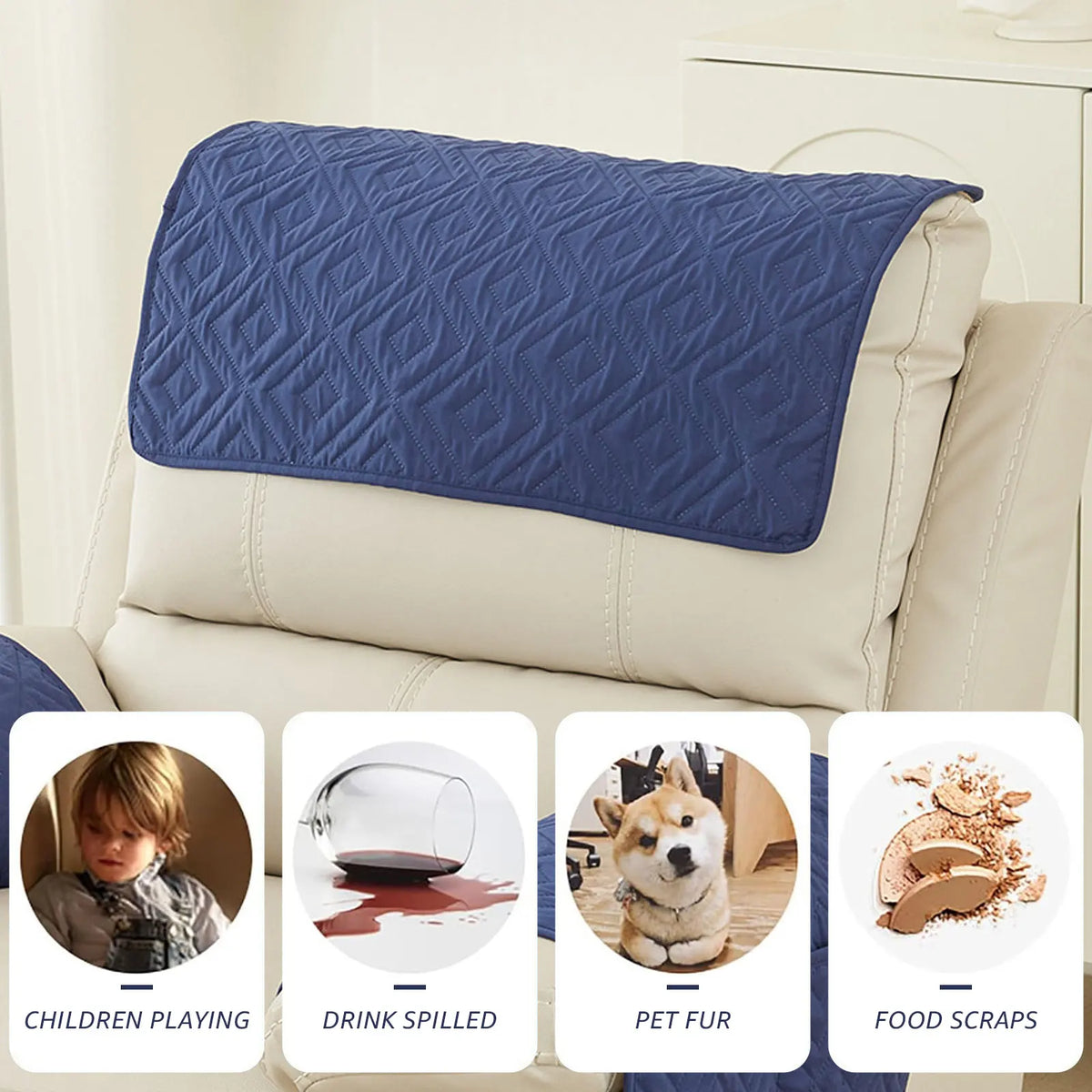 Three packs of waterproof recliner headrest protector covers shown in a light blue quilted pattern.