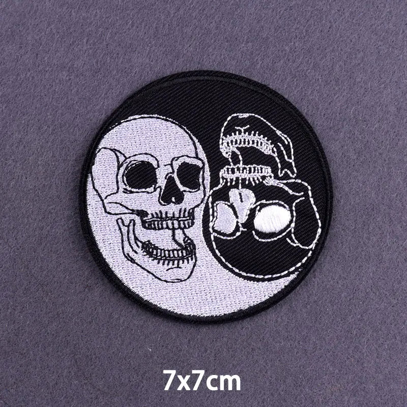 Black embroidery patch featuring a white skull and crossbones design on a gray background