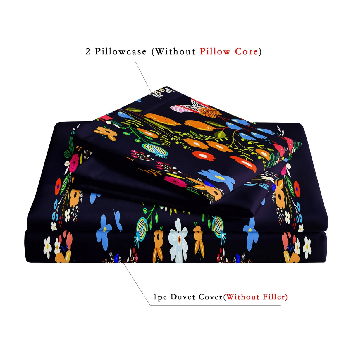 A set of two pillowcases and one duvet cover featuring a colorful flower and butterfly print on a dark background.
