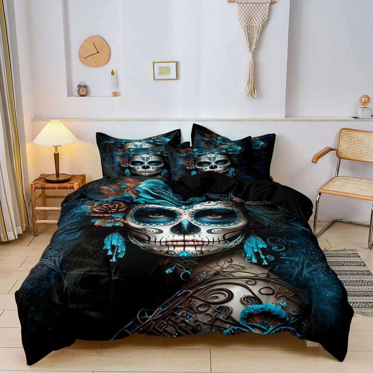 A dark blue and black duvet cover featuring a detailed sugar skull design with intricate patterns.
