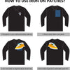 Instructions showing how to use an iron on patches for clothing