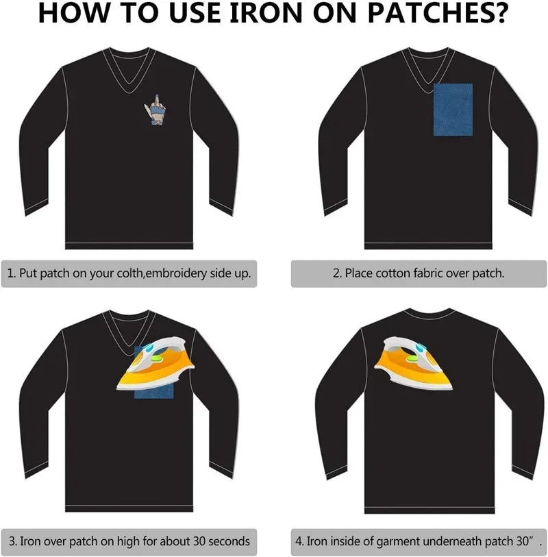 Instructions showing how to use an iron on patches for clothing